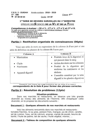 Première page de SVT 6e — Devoir surveillé (2018-2019) · CEG3 OUIDAH