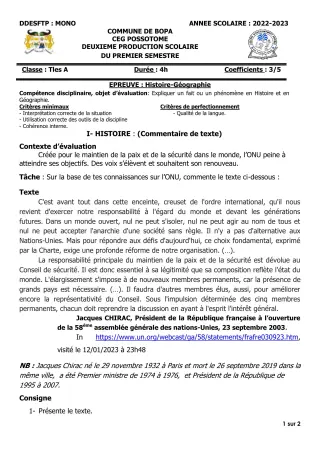 Première page de Histoire-Géographie Tle A2 — 2e production scolaire, 1er semestre (2022-2023) · CEG POSSOTOME