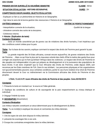 Première page de Histoire-Géographie 4e — 1er devoir surveillé, 2e semestre (2019-2020) · CEG COUSSI
