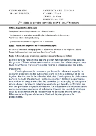 Première page de SVT Tle A & B, Tle A2, Tle C, Tle D — 2e devoir surveillé, 2e semestre (2018-2019) · CEG Banikanni