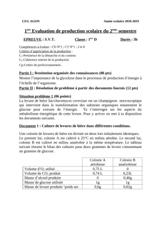 Première page de SVT 1ère D — 1re production scolaire, 2e semestre (2018-2019) · CEG Agon