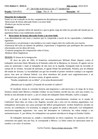 Première page de Espagnol Tle A1, Tle A2, Tle B — Devoir surveillé (2018-2019) · CEG Hubert C. MAGA
