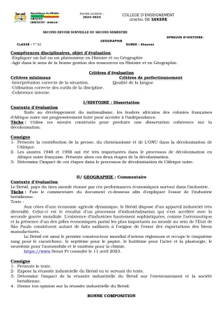 Première page de Histoire-Géographie Tle A2 — 2e devoir surveillé, 2e semestre (2022-2023) · CEG SEKERE