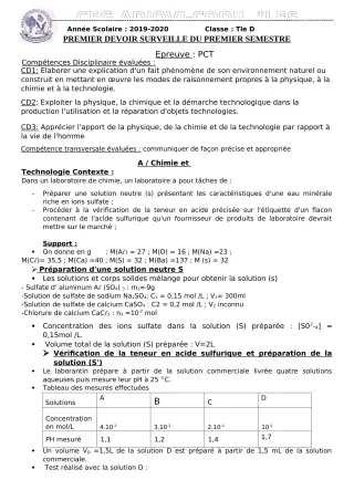 Première page de PCT Tle D — 1er devoir surveillé, 1er semestre (2019-2020) · CEG ADJOVICODJI 'LES OLIVIERS'
