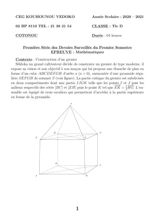 Première page de Mathématiques Tle D — 1er devoir surveillé, 1er semestre (2020-2021) · CEG Kouhounou-Vêdoko