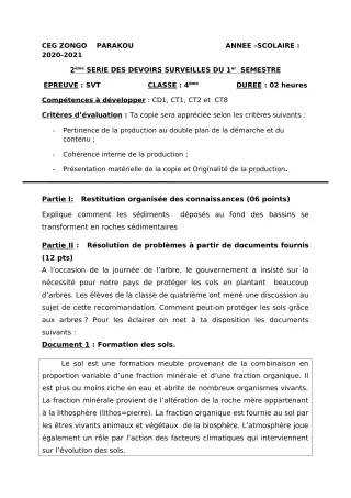 Première page de SVT 4e — 2e devoir surveillé, 1er semestre (2020-2021) · CEG ZONGO