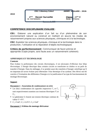 Première page de PCT 1ère C — 2e devoir surveillé, 2e semestre (2018-2019) · CEG2 ABOMEY - CALAVI (CEG ZOCA)
