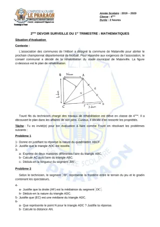 Première page de Mathématiques 4e, 4e ML — 2e devoir surveillé, 1er trimestre (2019-2020) · CPEG LE PHARAON