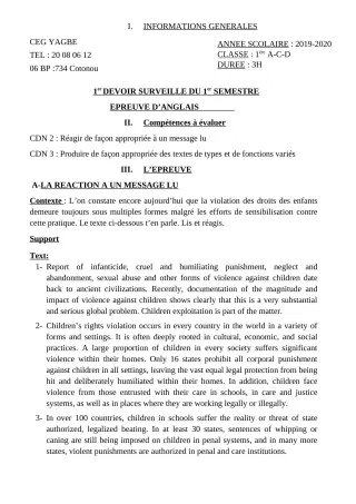 Première page de Anglais 1ère A2 — 1er devoir surveillé, 1er semestre (2019-2020) · CEG Yagbe