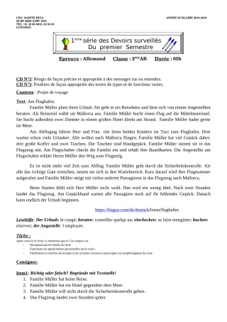 Première page de Allemand 4e ML&MC, 3e ML, 2nde A & B, 1ère A, 1ère B, Tle B, Tle C — Devoir surveillé, 1er semestre (2018-2019) · CEG Sainte Rita