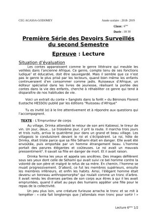 Première page de Français Tle A2 — 1er devoir surveillé, 2e semestre (2018-2019) · CEG Agassa Godomey