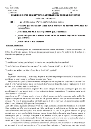 Première page de Français 1ère A, 1ère A1, 1ère A2, 1ère B, 1ère C, 1ère D — 2e devoir surveillé, 2e semestre (2019-2020) · CEG HOUEYIHO
