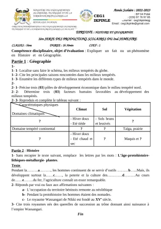 Première page de Histoire-Géographie 5e — 1re production scolaire, 2e semestre (2022-2023) · CEG1 Ikpinlè