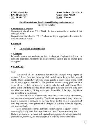 Première page de Anglais 1ère A1, 1ère A2, 1ère B, 1ère C, 1ère D — 2e devoir surveillé, 1er semestre (2018-2019) · CEG Le Méridien