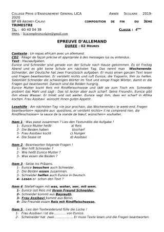 Première page de Allemand 4e, 4e ML — Composition, 1er trimestre (2019-2020) · CPEG LICA