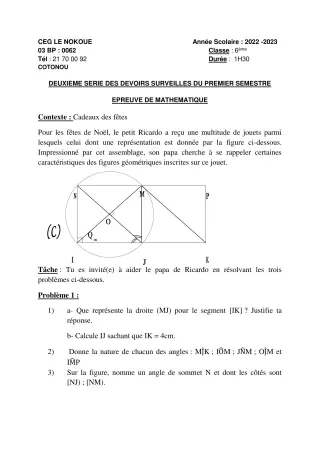 Première page de Mathématiques 6e — 2e devoir surveillé, 1er semestre (2022-2023) · CEG LE NOKOUE