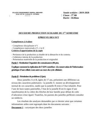 Première page de SVT Tle A, Tle B — 2e production scolaire, 1er semestre (2019-2020) · CEG GBEGAMEY
