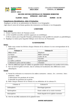 Première page de Histoire-Géographie 6e — 2e devoir surveillé, 1er semestre (2023-2024) · CEG SEKERE