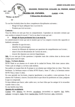 Première page de Espagnol 4e ML, 3e ML, 2nde A, 1ère A, Tle A — 2e production scolaire (2019-2020) · CEG Perma