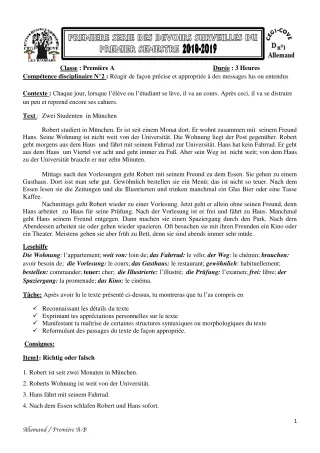 Première page de Allemand 1ère A1, 1ère A2, 1ère B — 1er semestre (2018-2019) · CEG1 Covè