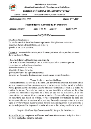 Première page de Espagnol 3e — 2e devoir surveillé, 1er trimestre (2021-2022) · Hibiscus 1er cycle