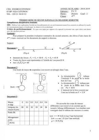 Première page de PCT 4e — 1er devoir surveillé, 2e semestre (2018-2019) · CEG ZOGBO