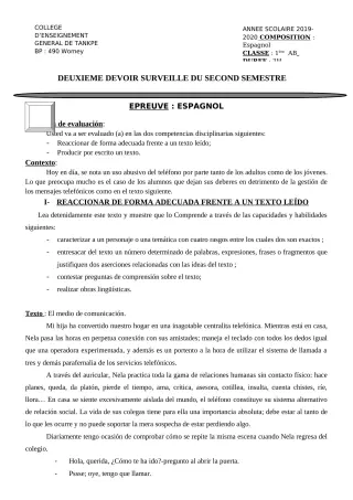 Première page de Espagnol 1ère A2, 1ère B — 2e devoir surveillé, 2e semestre (2019-2020) · CEG Tankpè