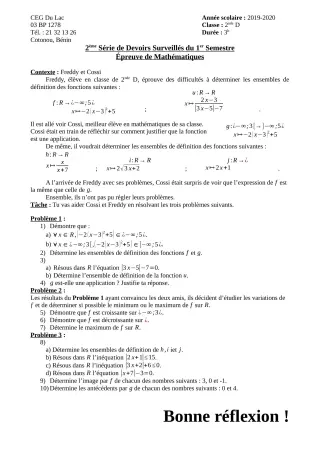 Première page de Mathématiques 2nde D, 1ère B — 2e devoir surveillé, 1er semestre (2019-2020) · CEG du Lac