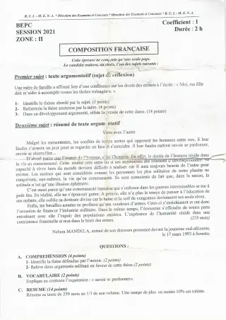 Première page de Épreuve BEPC 2021 composition française zone-2