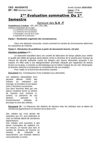 Première page de SVT 6e, 5e, 4e ML&MC, 3e, 3e ML, 2nde A & B, 2nde C, 2nde D, 1ère A, 1ère B, 1ère C, 1ère D, Tle A1, Tle A2, Tle B, Tle C, Tle D — 1re évaluation sommative, 1er semestre (2018-2019) · CEG Akassato