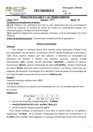Première page de PCT Tle D — 2e production scolaire, 1er semestre (2020-2021) · CEG ONIGBOLO