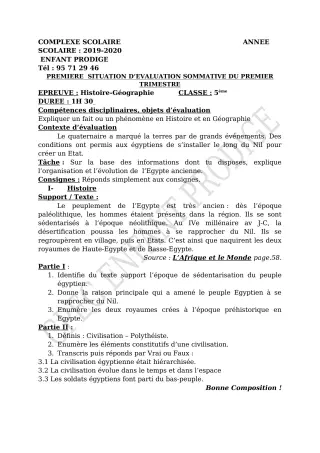 Première page de Histoire-Géographie 5e — Évaluation sommative, 1er trimestre (2019-2020) · CPEG ENFANT PRODIGE