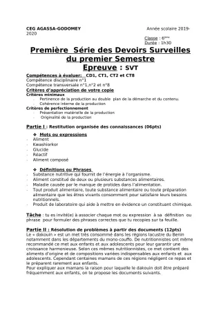 Première page de SVT 6e — 1er devoir surveillé, 1er semestre (2019-2020) · CEG Agassa Godomey