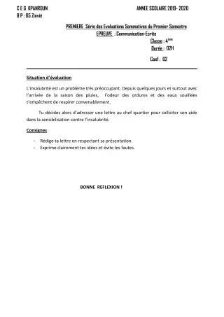 Première page de Français 4e — 1re évaluation sommative, 1er semestre (2019-2020) · CEG Kpanroun