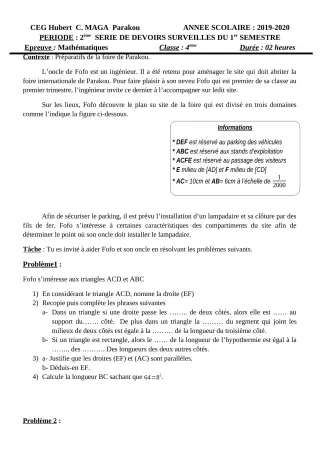 Première page de Mathématiques 4e, 4e ML — 2e devoir surveillé, 1er semestre (2019-2020) · CEG Hubert C. MAGA