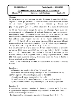 Première page de Mathématiques Tle D — 2e devoir surveillé, 1er semestre (2019-2020) · CEG1 Kalalé