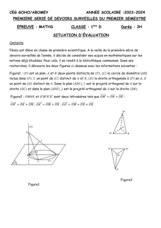 Première page de Mathématiques 1ère D — 1er devoir surveillé, 1er semestre (2023-2024) · CEG GOHO