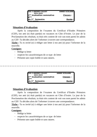 Première page de Français 6e — 1re évaluation sommative, 1er semestre (2023-2024) · CEG2 ABOMEY - CALAVI (CEG ZOCA)