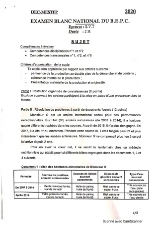 Première page de Devoir surveillé de SVT — 3e, 3e ML — CPEG PIERRE ANGULAIRE (2019)
