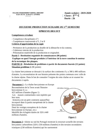 Première page de SVT 1ère C — 2e production scolaire, 1er semestre (2019-2020) · CEG GBEGAMEY