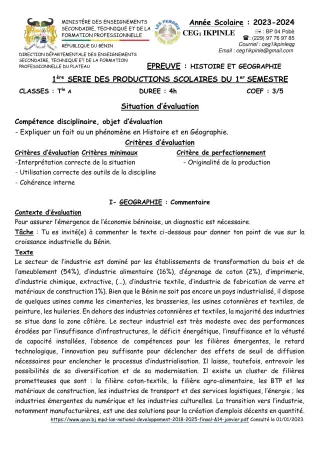 Première page de Histoire-Géographie 6e, 5e, 4e, 3e, 2nde A, 2nde C, 2nde D, 1ère A, 1ère C, 1ère D, Tle A1, Tle A2, Tle C, Tle D — 1re production scolaire, 1er semestre (2023-2024) · CEG1 Ikpinlè