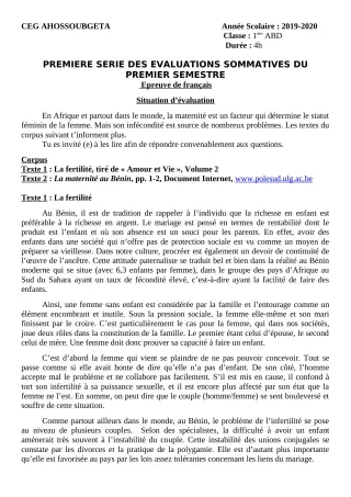 Première page de Français 1ère A2, 1ère B, 1ère D — 1re évaluation sommative, 1er semestre (2019-2020) · CEG Ahossougbéta