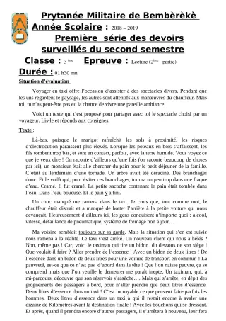 Première page de Français 3e — 1er devoir surveillé, 2e semestre (2018-2019) · PMB