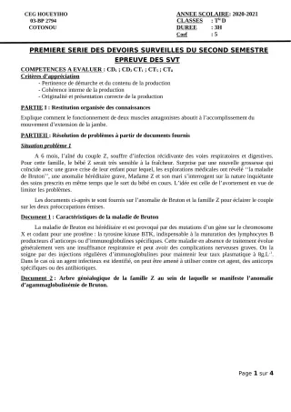 Première page de SVT Tle D — 1er devoir surveillé, 2e semestre (2020-2021) · CEG HOUEYIHO