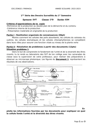 Première page de SVT 2nde D — 1er devoir surveillé, 1er semestre (2022-2023) · CEG ZONGO