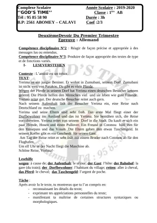 Première page de Allemand 1ère A2 — Devoir surveillé, 1er trimestre (2019-2020) · CPEG GOD'S TIME