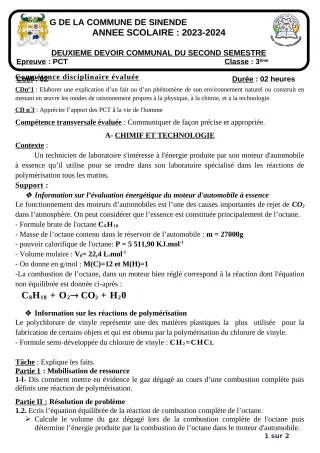 Première page de PCT 3e — 2e devoir surveillé, 2e semestre (2023-2024) · CEG SEKERE