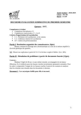 Première page de SVT Tle A & B — 2e évaluation sommative, 1er semestre (2018-2019) · CEG Sékou