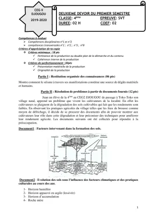 Première page de SVT 4e, 4e ML — 2e devoir surveillé, 1er semestre (2019-2020) · CEG 2 Djougou