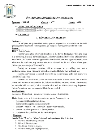 Première page de Anglais 4e, 4e ML — 2e devoir surveillé, 3e trimestre (2019-2020) · CPEG ROSAIRE